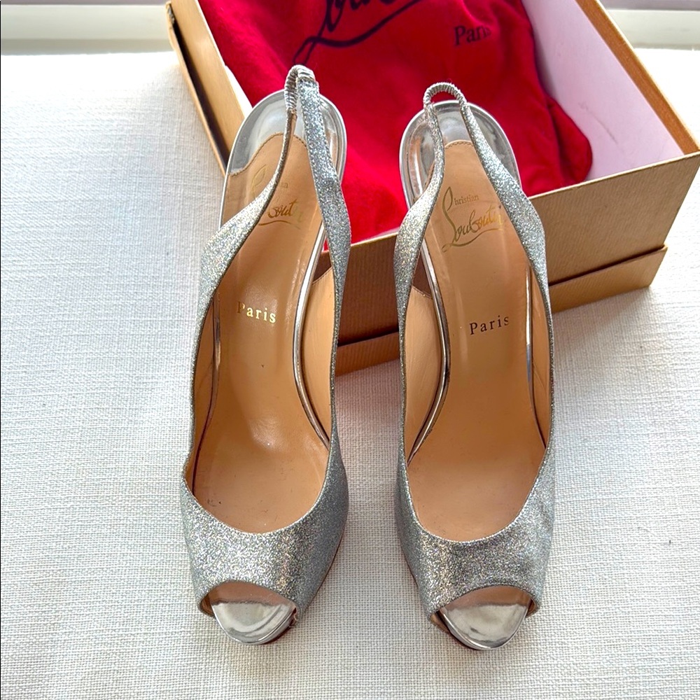 Christian Louboutin Silver Peep-Toe Slingback Heels
